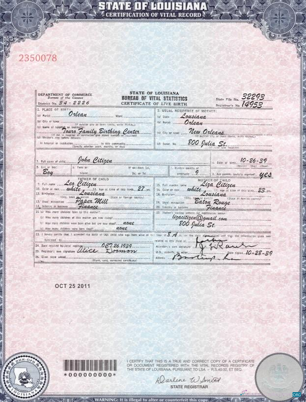 Download USA Louisiana birth cert Photoshop template